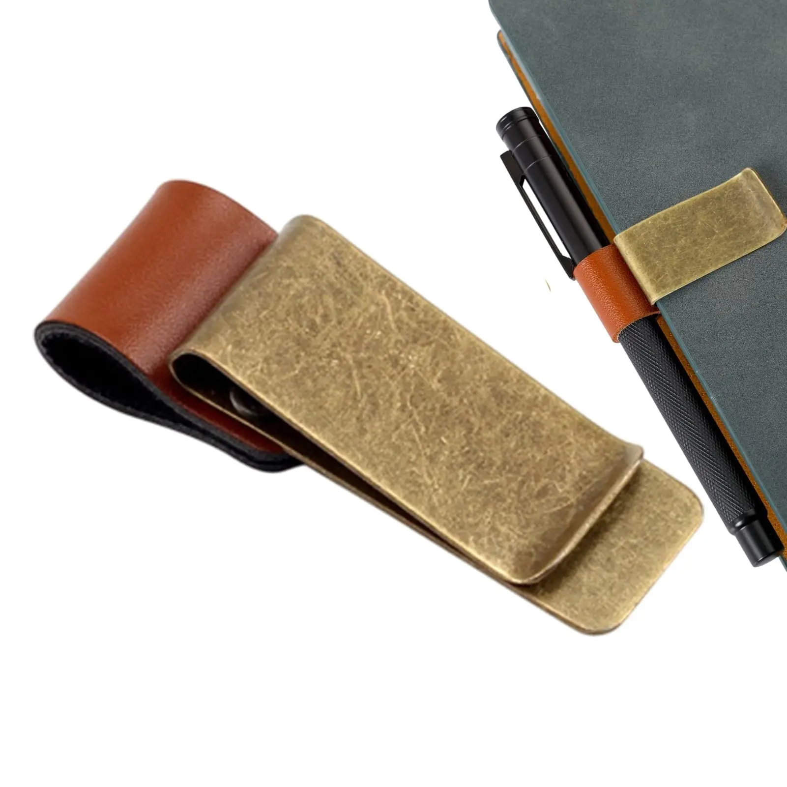 Vintage Brass Notebook Metal Pen Clips, PU Leather Pen Holder, Loose Leaf Diary Memo Clip, Bookmark Journal Planner Pencil Holder, Book Accessories, Office Supplies