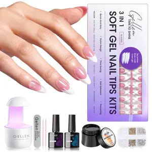 Gellen Pink Almond Press on Nails French Tip - French Tip Kit with Solid Nail Glue Gel and UV Light, Gel Top and Base Coat for Medium Almond Nail French Tips Kit for DIY