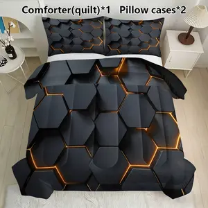 3-Piece Hexagon Pattern Quilt Set (1 Quilt + 2 Pillowcases), Soft Lightweight Breathable, All-Season Bedding, Suitable for Home or Dorm Use