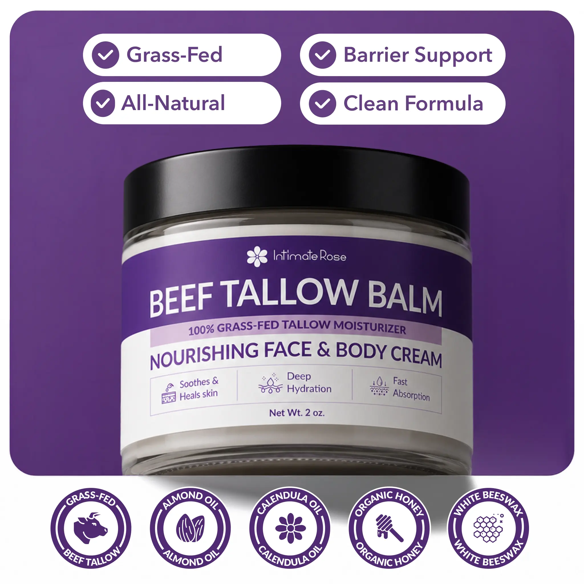 Whipped Tallow and Honey Balm for Face & Body - 100% Grass Fed Beef Tallow Balm Only 5-Ingredients No Scent with Organic Honey & Calendula - Natural Moisturizer for Dry Sensitive Skin - Unscented, 2oz