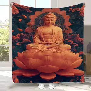 1 Piece Red Buddha and Lotus Blanket-100% Polyester, Soft and Comfortable, Multi-Purpose Seasonal Decoration, Suitable for Sofa and Bed, Digital Printing Light Traveling-Rug, Suitable for All Seasons