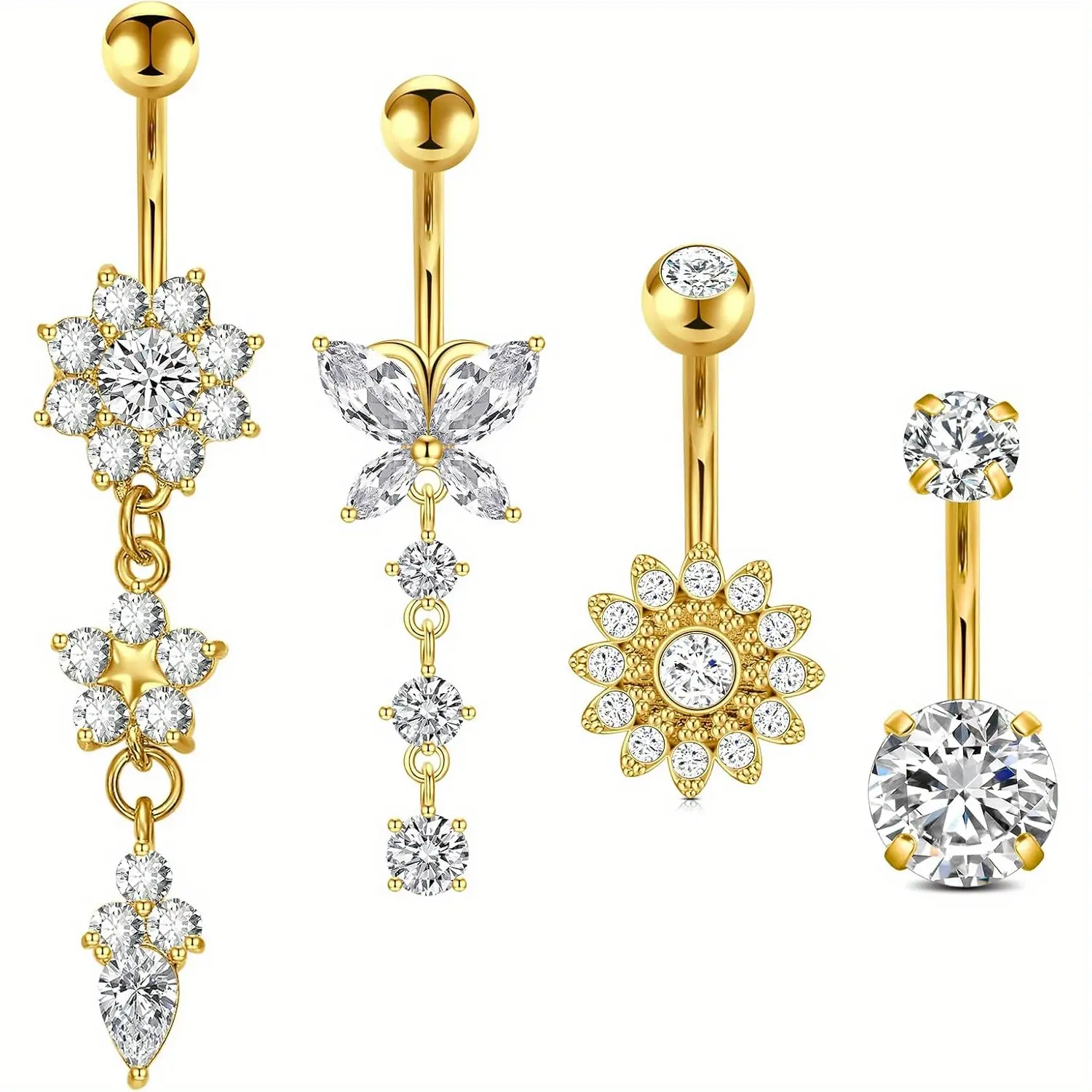 Women's 4-Pcs 14g Rose Gold & Golden Dangling Belly Button Rings Set - Nickel-Free Hypoallergenic Surgical Steel Navel Custom Pendants, Rhinestone Flower Butterfly Charms, High Quality Jewelry for Birthday Gifts, Custom Pendant