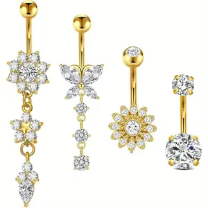 4 Pcs Rose Gold & Golden Dangling Belly Button Rings Set Hypoallergenic Surgical Steel Navel Piercing Jewelry with Rhinestone Flower Butterfly Charms, Cute Body Jewelry for Women & Birthday Gifts Pendant waist beads