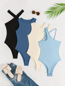 women's solid color bodysuit, casual sleeveless bodysuit for beach holiday vacation, ladies skinny clothes for all seasons, garment, bodysuits for women, womenswear