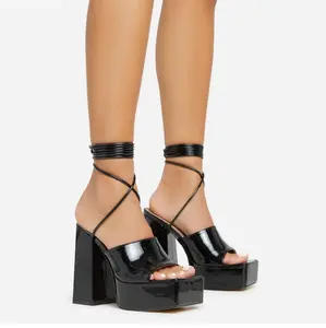 Lace-Up Square Toe Platform Block Heels (Black) Shoe Women