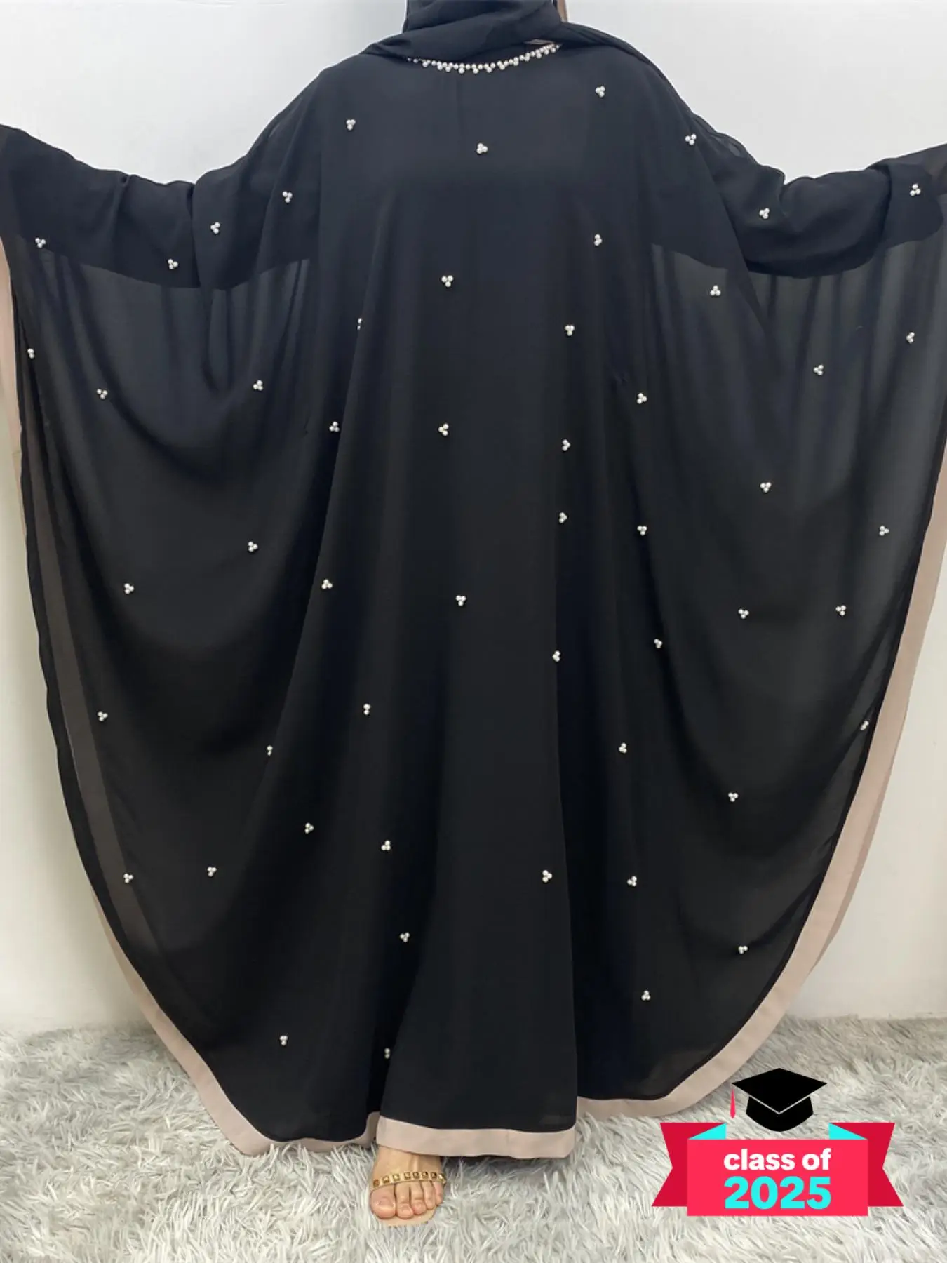 Women's Colorblock Print Batwing Sleeve Chiffon Abaya without Hijab, Chic Modest Fashion Long Sleeve Round Neck Muslim Abaya for Daily Wear, Caftan, L