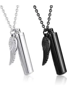 2 Pcs Black Silvery Memorial Urn Pendant Necklaces for Men Women Column Shaped Stainless Steel Ashes Keepsake with Angel Wing Detail Hollow Locket Design Safely Stores Tiny Ashes Delicate Drop Style for Daily Sentimental Wearing Gentle Solid Texture