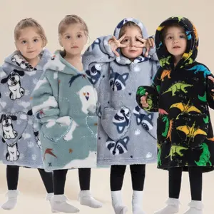 Cute Bear Print Super Soft Blanket Robe, Warm Winter Sleepwear, Large Size, Comfortable Home Clothing, Sleepwear Pajamas