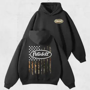 Peterbilt Camo Flag Hoodie Sweatshirt T-Shirt – 2side Semi Truck Graphic Tee, American Flag Hunting Camo Peterbilt Shirt, Unisex Trucker Style, Highway Hauler Outfit, Vintage Rig Appare