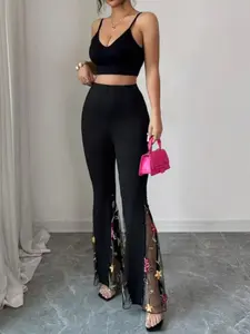Spring Summer Women's Slim Fit Solid Color Lace Patchwork Bell Bottom Pants, Perfect for Outing and Dating, Stylish and Comfortable