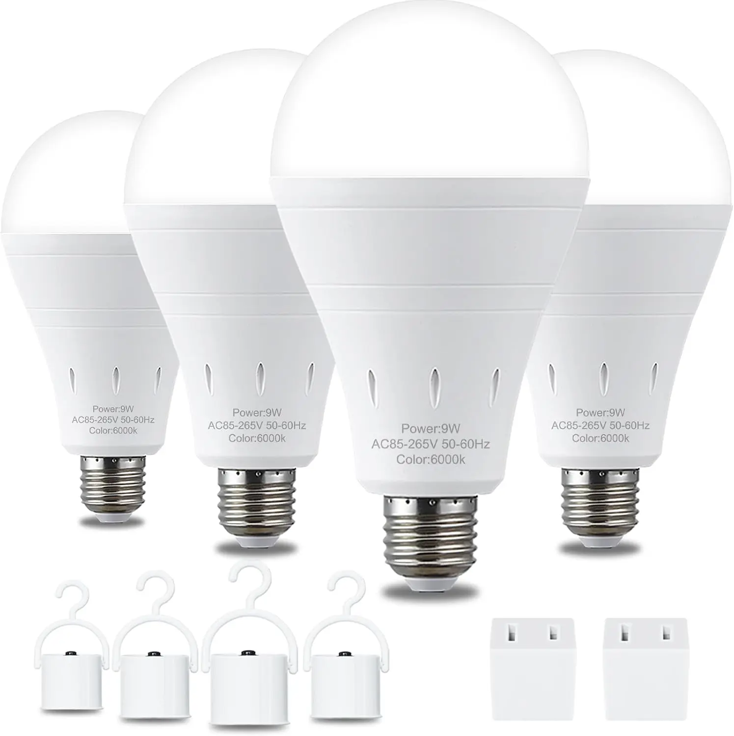 DEBAOBULB 4PK Rechargeable Emergency LED Light Bulbs - Battery Operated, 6000K Daylight, E26, 120V, 9W (60W Equivalent), 1200mAh, Energy Saver, Led Lighting Solutions, Rechargeable Tech for Home Power Outage, Camping