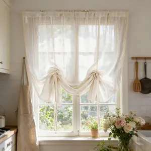 1 PC Beige Striped Balloon Curtain Shade Tie-Up Sheer Linen Curtain Valance for Kitchen Dining Room Liftable Tulle Tier Curtain Adjustable Light Filtering Valance with Boho Crochet Trim Rod Pocket