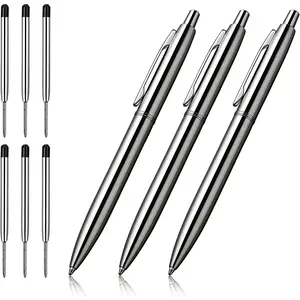 3 count Retractable Metal Ballpoint Pens, for , Business, Office, 1.0mm Medium Point Black Ink, 6 Extras Replaceable Metal Refills - Stainess Steel