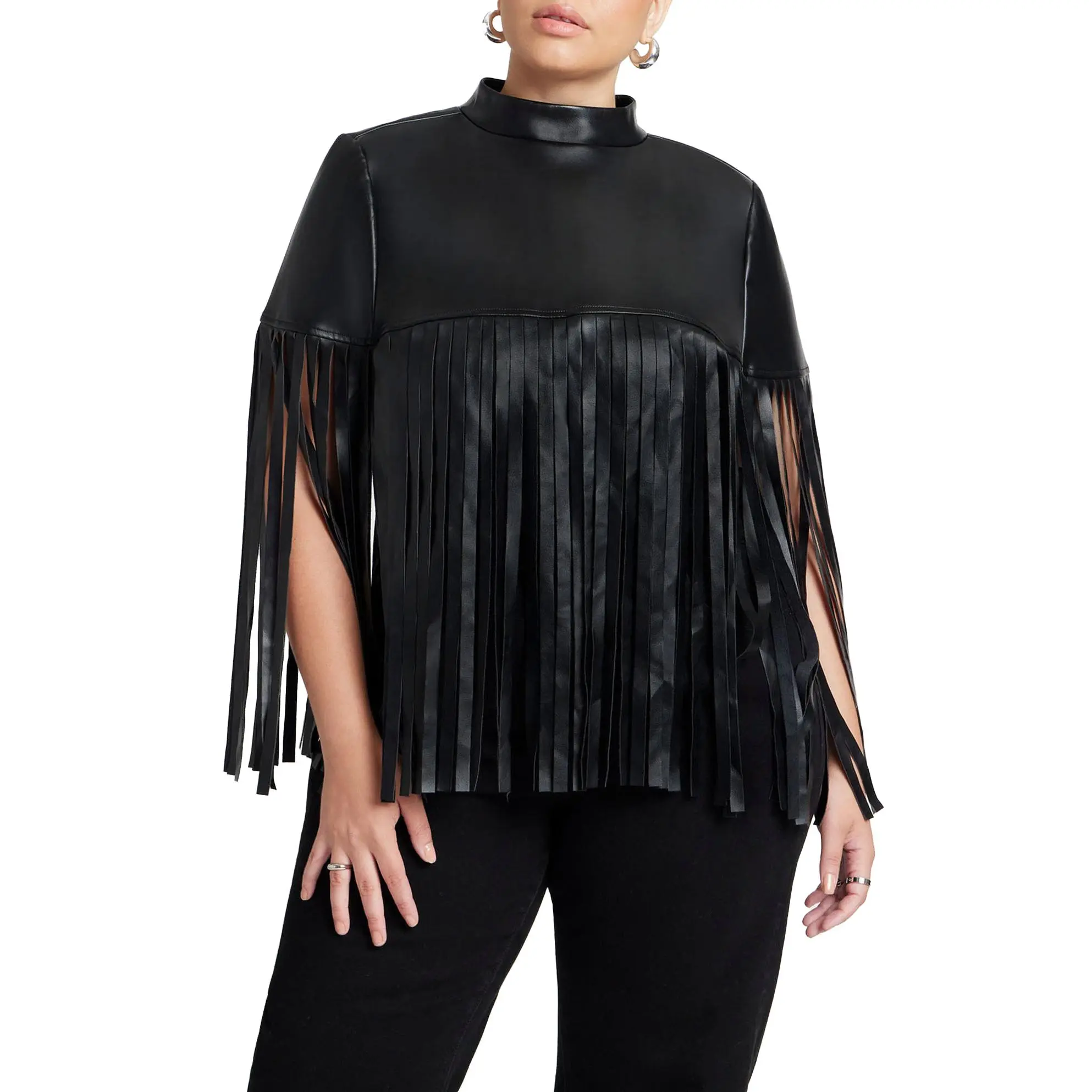 ELOQUII Women's Plus Size Faux Leather Fringe Cape ELOQUII Women's Plus Size Faux Leather Fringe Cape