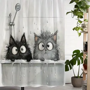 Shower black cat and grey cat pattern forest shower curtain design, polyester fabric, windows and walls, bathtub, bathroom home decoration shower curtain, all season universal shower curtain, bathroom decoration curtain, with 12 hooks