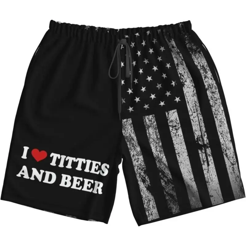 I-Heart-love-Titties-and-Beer Gag-Swimming Trunks with Liner, Quick Dry Beach Shorts