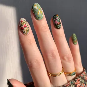 Get Glamorous with 24pcs almond press on nails gift box Spring Sun through red strawberry print cute Yellow duck cream pink flower green retro garden style picnic suitable for girls gift, banquet portable fake nail with jelly glue 1 pcs file strip 1