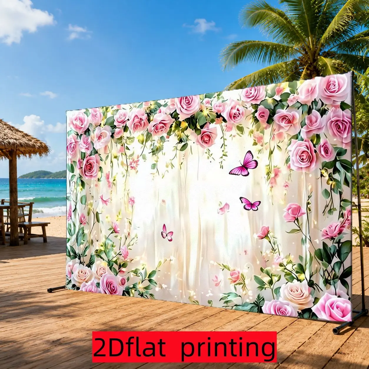 2D flat 1pc floral border background cloth romantic pink roses and butterflies decorative wall cloth suitable for spring wedding theme events, romantic party decoration, love festival hanging cloth, polyester material, multiple sizes available