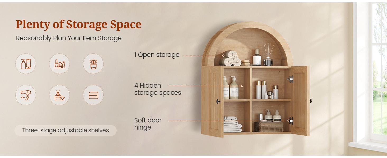 Arched Bathroom Wall Cabinet, 23.6 x 30.3'' Over The Toilet Cabinet with Grille Door, Adjustable Shelf, Wall Mounted Cabinets for Bathroom Laundry Room Kitchen (Oak, 30IN)