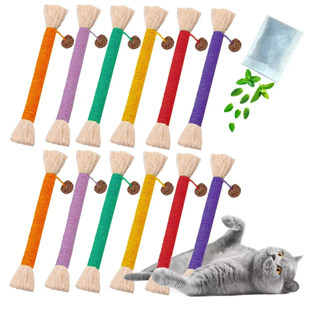 12Pcs Bent Cat Rope Toy, Pet Chew Toys, Interactive Tease Toys for Cats and Kittens, Bite-Proof Playthings, Cotton Rope Kitten Toys Dental Care Stress Relief Pet Supplies
