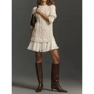 Casual Twisted Sweater Mini Dress - Cream Ribbed Ruffle Knit, Suitable for Women's Fashion