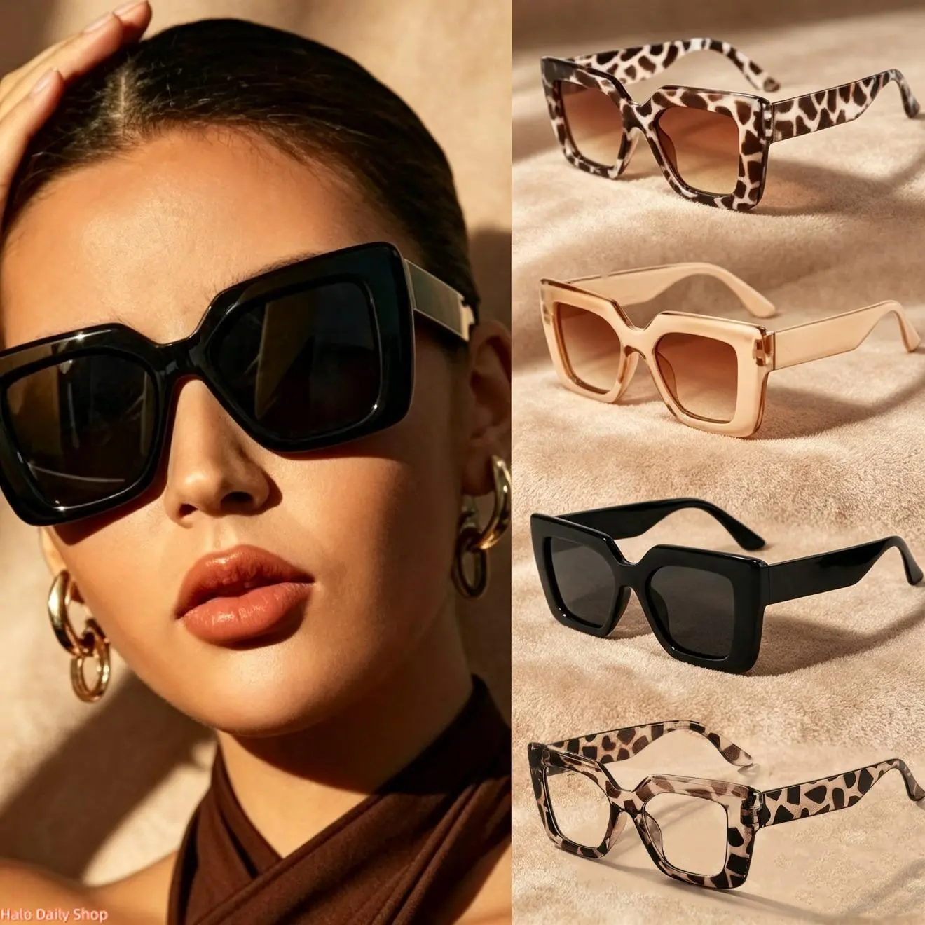 Women's 4-Piece Semi-Rimless Oversized Square Sunglasses - Chic Black Anti-UV Minimalist Eyewear, Leopard Print Styles for Streetwear, Outdoor Use, Back to School Sports Eyewear