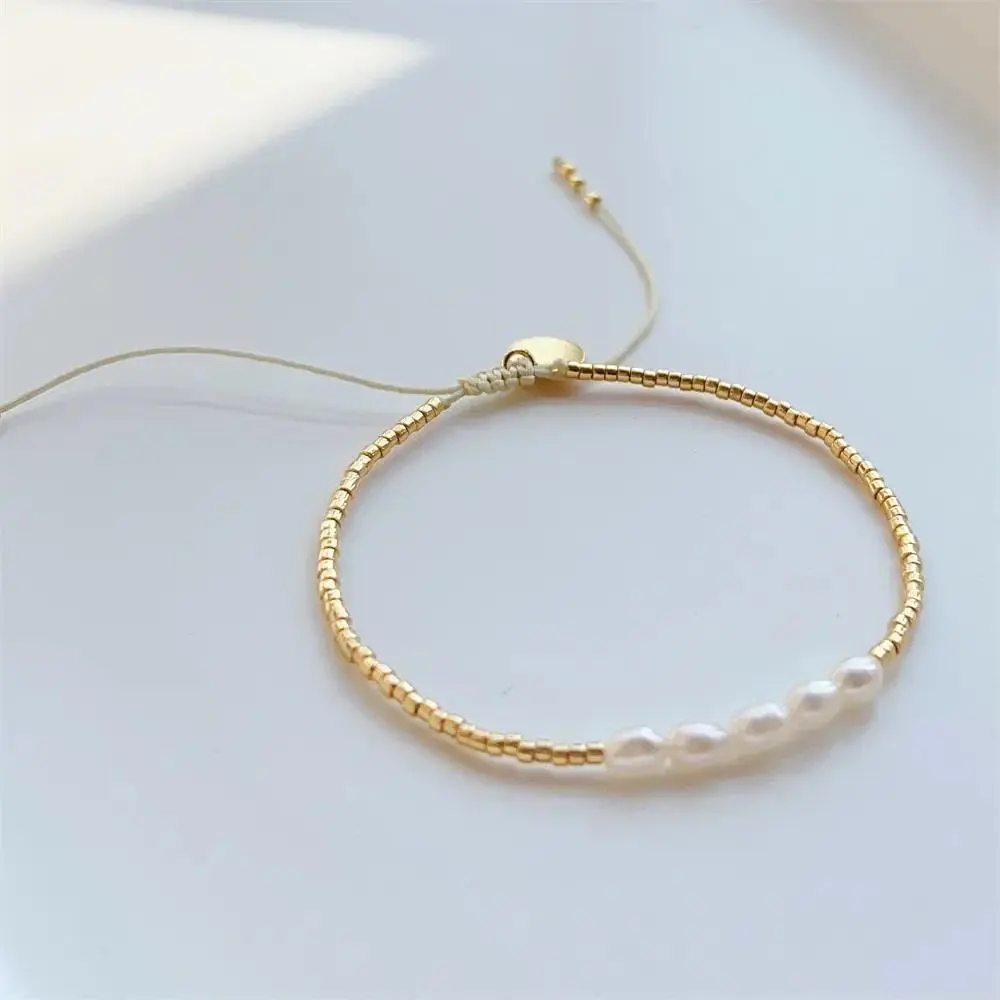 Miyuki Bead and Freshwater Pearl Bracelet for Women, Dainty Gold-Tone Minimalist Jewelry, Adjustable Handmade Gift, Pearl Beaded Bracelet, Jewelry Bracelets