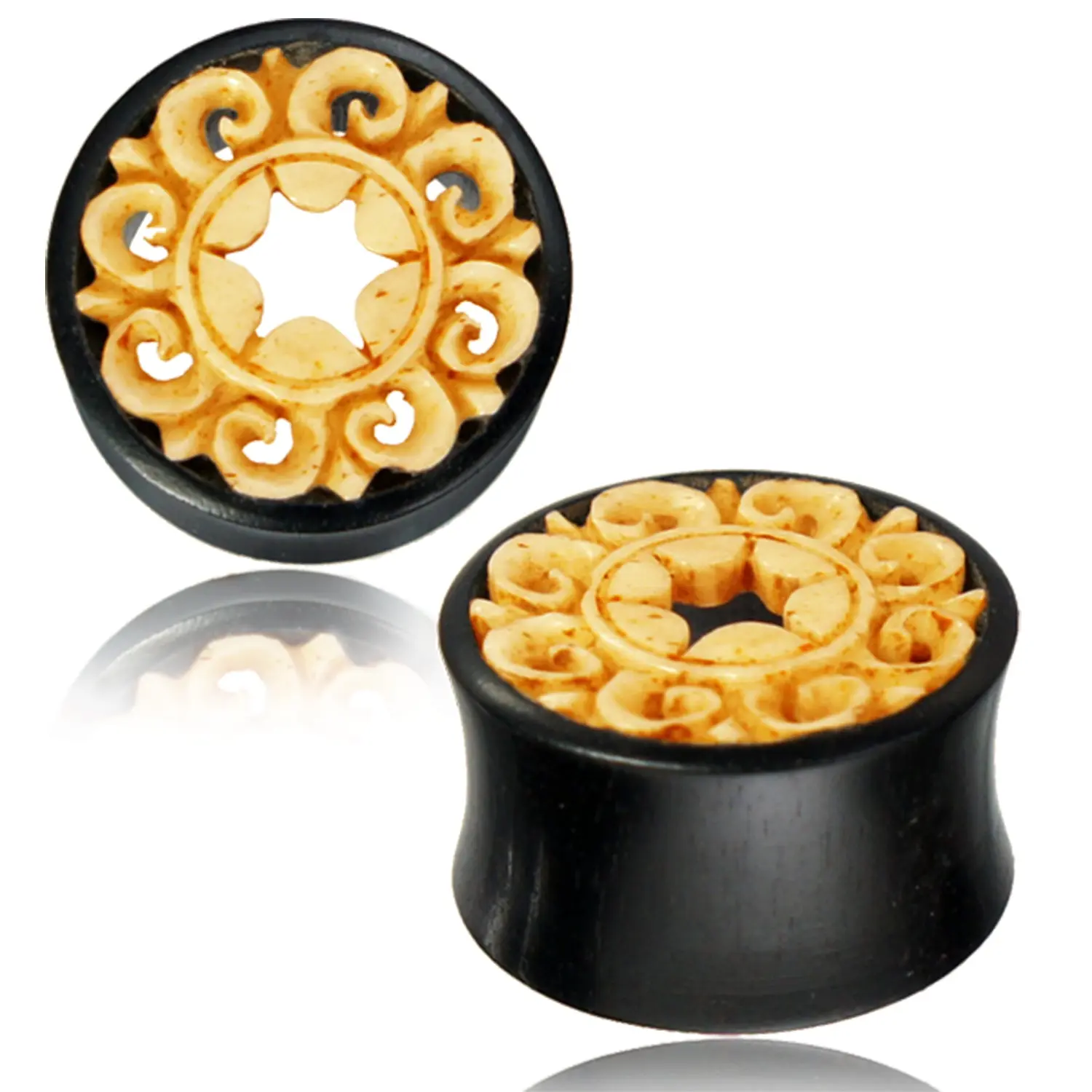 Organic Arang Wood Antique Praise the Sun Bone Inlay Double Flared Saddle Ear Tunnels, Pair