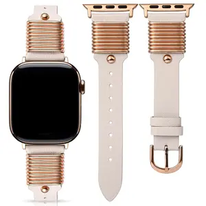 Leather Band Compatible with Apple Watch Bands Women 38/40/41/42/44/45/46/49mm, Slim Dressy Fancy Designer Strap with Metal Ring Loops for iWatch Series 11 10 9 8 7 6 5 4 3 SE/Ultra 3 2 1