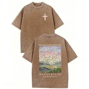 "God Turns Broken Pieces Into Masterpieces" Christian Washed Cotton T-Shirt, Mosaic Cross Graphic, Unisex Vintage Religious Streetwear, Faith Healing Gift
