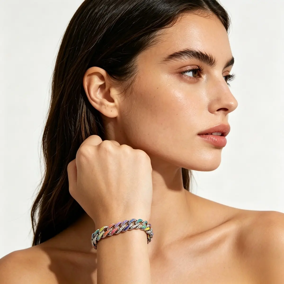 Summer hip hop neon rainbow enamel Cuban chain bracelet featuring an innovative patchwork of diamond encrusted rhombus Cuban chains suitable for all styles