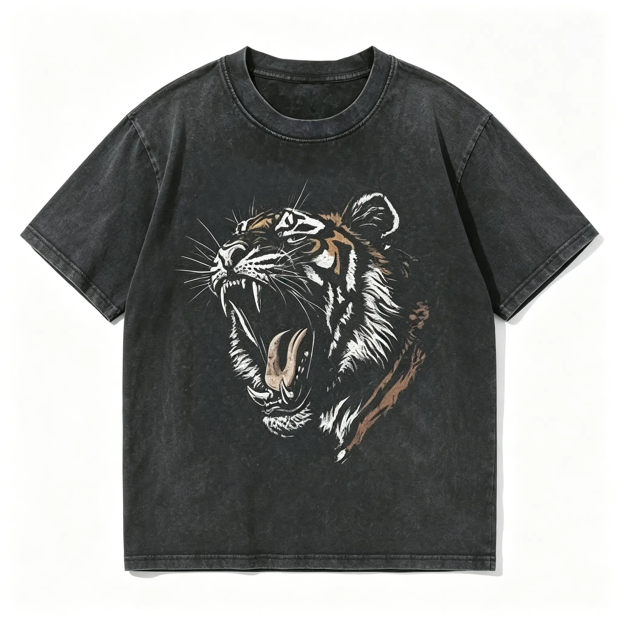 Retro-Style Tiger Portrait Print 230g Heavy Wash Batik Double-Sided Printing Short-Sleeved T-Shirt, Men's Crisp Short-Sleeved T-Shirt, Outdoor Sweatshirt, Vintage Wash, 100% Cotton
