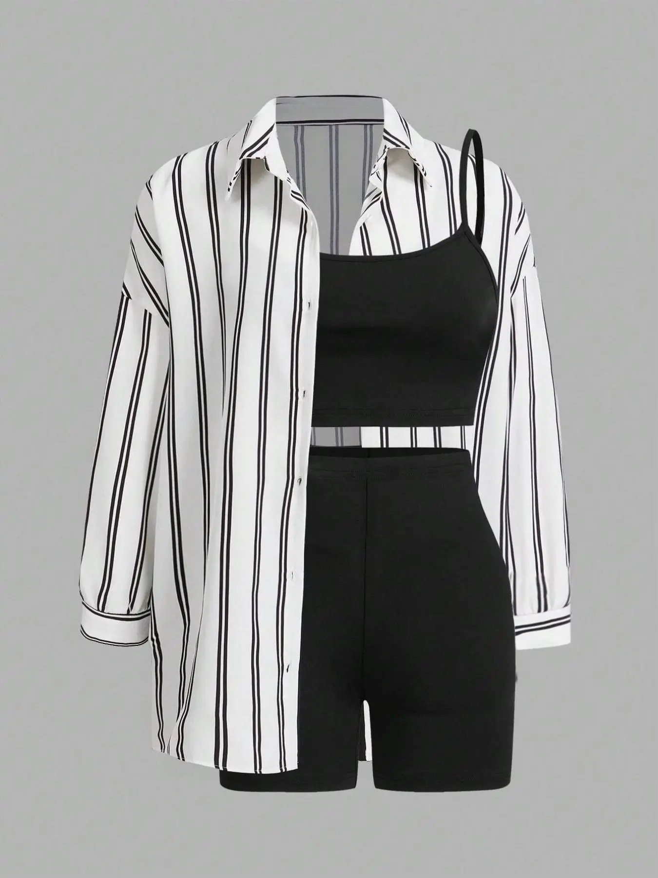 3-Piece Women's Casual Sleeveless Set, Fitted Shorts and Shirt, Daily Wear and Office, Striped Pattern