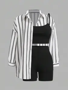 Three-piece Set Women's Solid Fitted Cami Top & High Waist Shorts & Striped Print Top  Set, Casual Fashion for Summer, Women's Clothing for Daily Wear