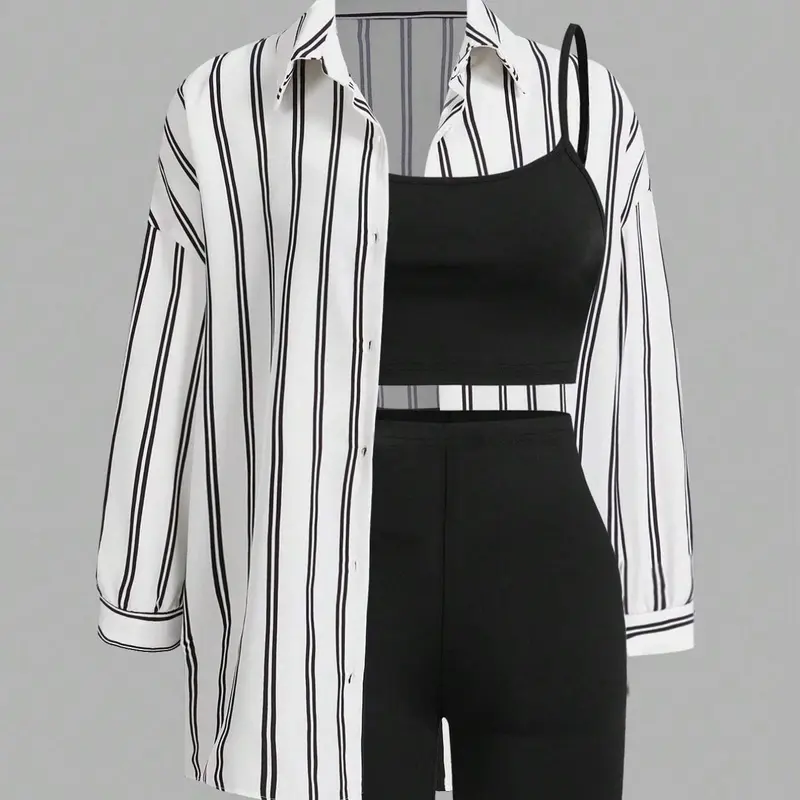 3-Piece Women's Casual Sleeveless Summer Outfit Set, Fitted Shorts and Shirt, Daily Wear and Office, Striped Pattern