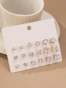 Rhinestone Decorated Ear Studs Earrings (9 Pairs), Fashionable Earrings for Women & Girls, Trendy All-match & Exquisite Jewelry for Birthday Gift