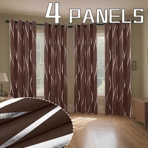 4 Pack Vertical Wave Gold Foil Blackout Curtain Set, delicate stereo wave texture with luxury look, thickened fabric for strong light blocking, heat insulation and privacy protection, perfect modern decor for indoor home window use