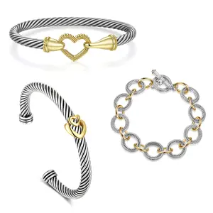 Aprilery Chic Two-Tone Cable Bracelet Stack for Women | Heart Charm & Twist Design | Statement Jewelry Set, Perfect Gift for Any Occasion Elegant Minimalist Bangle Adjustable Cuff