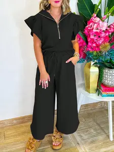 Women's elegant solid color textured ruffle sleeve half-zip top T-shirt sweatshirt and high waist wide-leg pants set, comfortable and fashionable, suitable for sports, daily leisure, outdoor activities, parties, lazy time wear