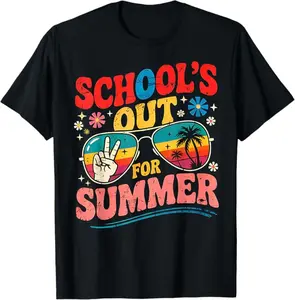 School's Out For Summer Teachers Last Day Of School Retro T-Shirt- Digital Print, Fitted Short Sleeve, Medium Length, Hand Wash Only, Versatile for All Seasons - Fabric, Clothes