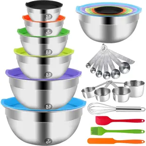 Mixing Bowls with Lid Set, 27 count Kitchen Utensils Metal Bowl Stainless Steel Nesting Bowls, Measuring Cups and Spoons, Egg Whisk for Baking