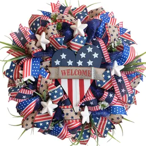 Idyllic 22 Inch Patriotic Wreath, Red White Blue Ribbon Wreath with Wooden Heart Sign & Stars, Memorial Day Veterans Day Decor for Front Door
