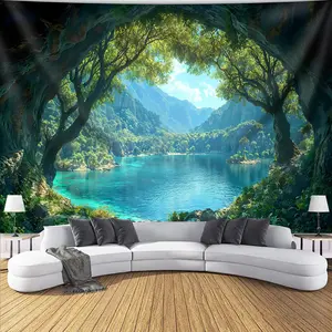 Serene Cave Mountain Forest Lake Tapestry - Vibrant Polyester Wall Hanging with Nature-Inspired Design, Perfect for Living Room, Bedroom, or Dorm Decor, Includes Free Hanging Clips, Natureinspired Decor |     Serene Design |     Polyester Fabric, Mountain