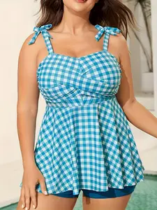 Women's Plus Size Fashion Elegant Blue Plaid Print Slimming Skirted Swim Dress with Briefs Swimsuit Set, Fitted Regular Length Skirted Bathing Suit