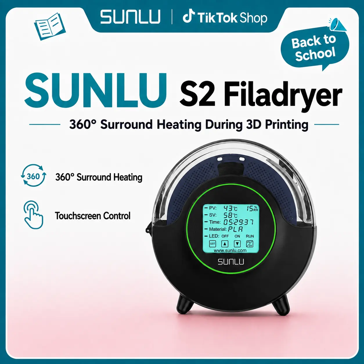 SUNLU S2 Black 3D Printer Filament Dryer - 360° Surround Heating Function, Fused Deposition Modeling 3D Printing Supply for Computers & Office Equipment (1 Set), Fused Deposition Modeling 3D Printing Supplies tiktokshopbacktoschool
