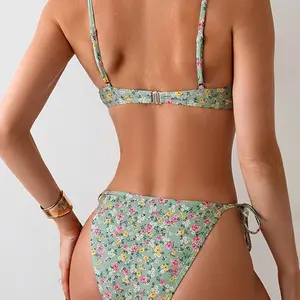 Popular floral print sexy underwire halter neck ruffled swimsuit women's bikini