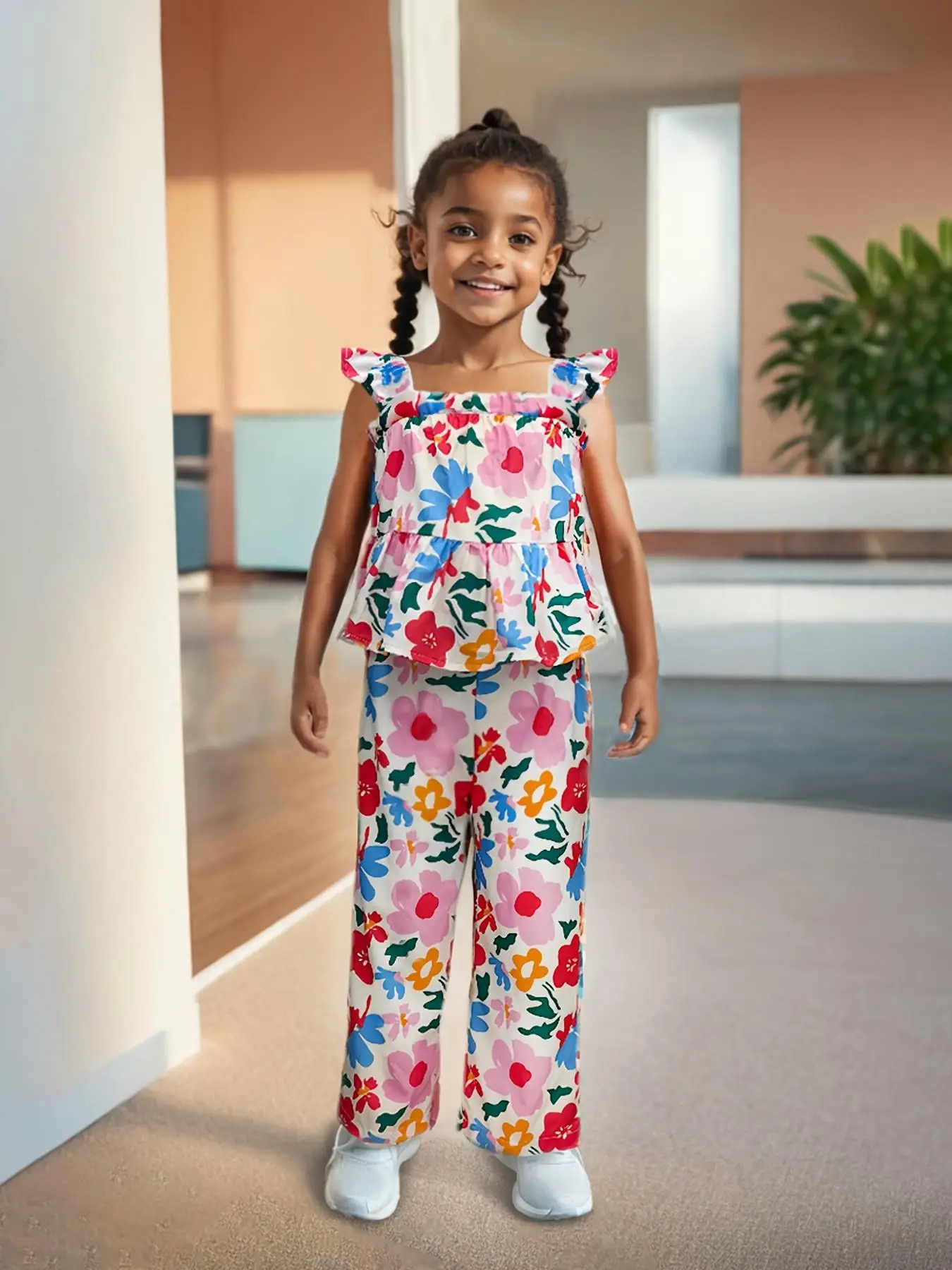 Girl's Floral Print Top & Pants Two-piece Set, Casual Fashion Cozy Two Piece Outfits for Daily Outdoor Wear, Kids Clothes for Summer, Summer Clothing