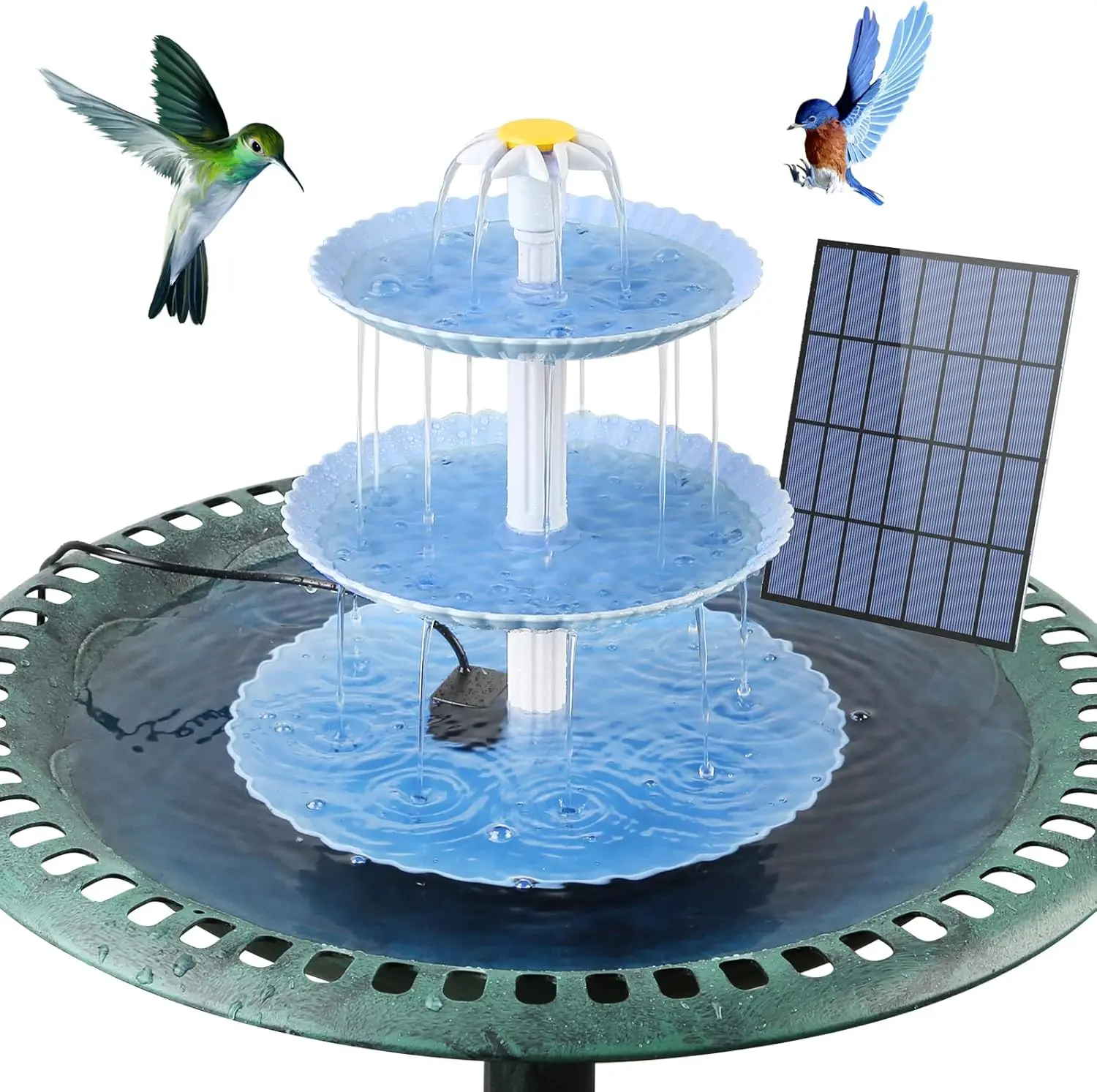 Blue Solar Bird Bath Set: 3.5W DIY Fountain, 3-Level Feeder, Removable for Garden