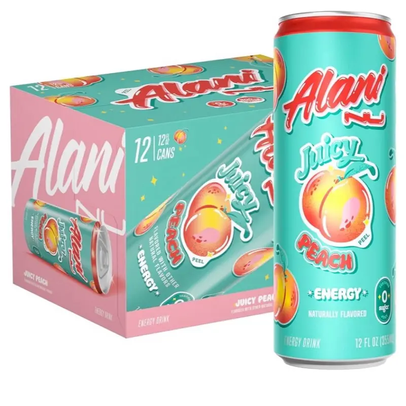 Alani Nu Juicy Peach Case of Energy Drinks - Naturally Flavored 0g Sugar 200mg Caffeine (Case of 12) Beverage Sport new