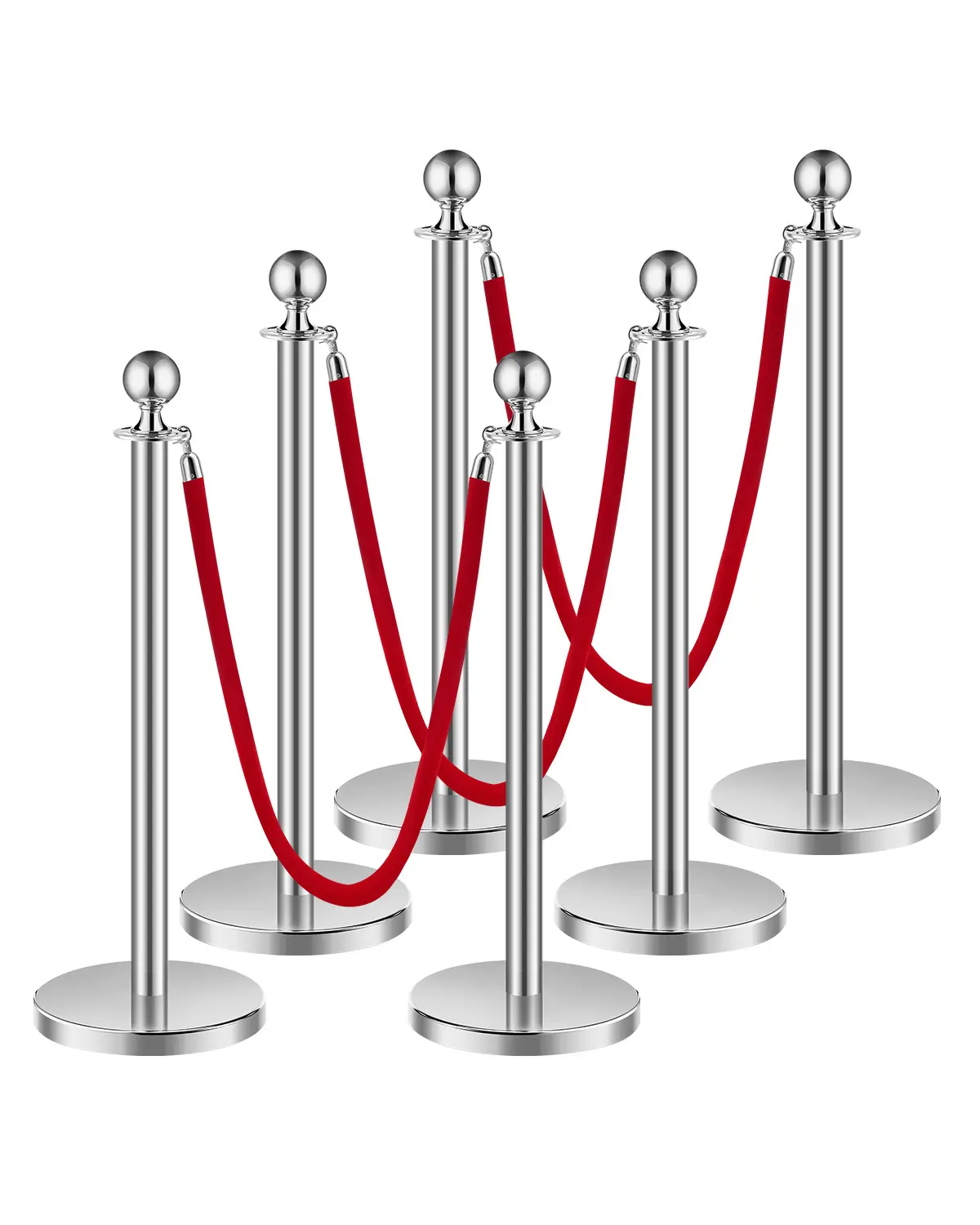 【summerfinds】VEVOR Silver Stainless Steel Stanchion & Velvet Rope 6-Piece Set, Hollow Bases, 3 Non-Slip 1.5m (4.92ft) Red Ropes, Easy-Install Crowd Control Barriers for Weddings, Parties (7.72lbs), Gifts, Museums